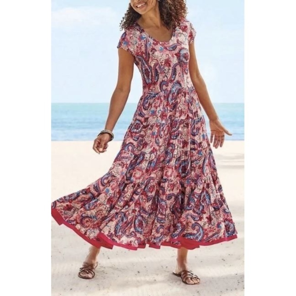 Soft Surroundings Kara Tiered Maxi Dress Size XS  Paisley Boho Pink Blue Flowy